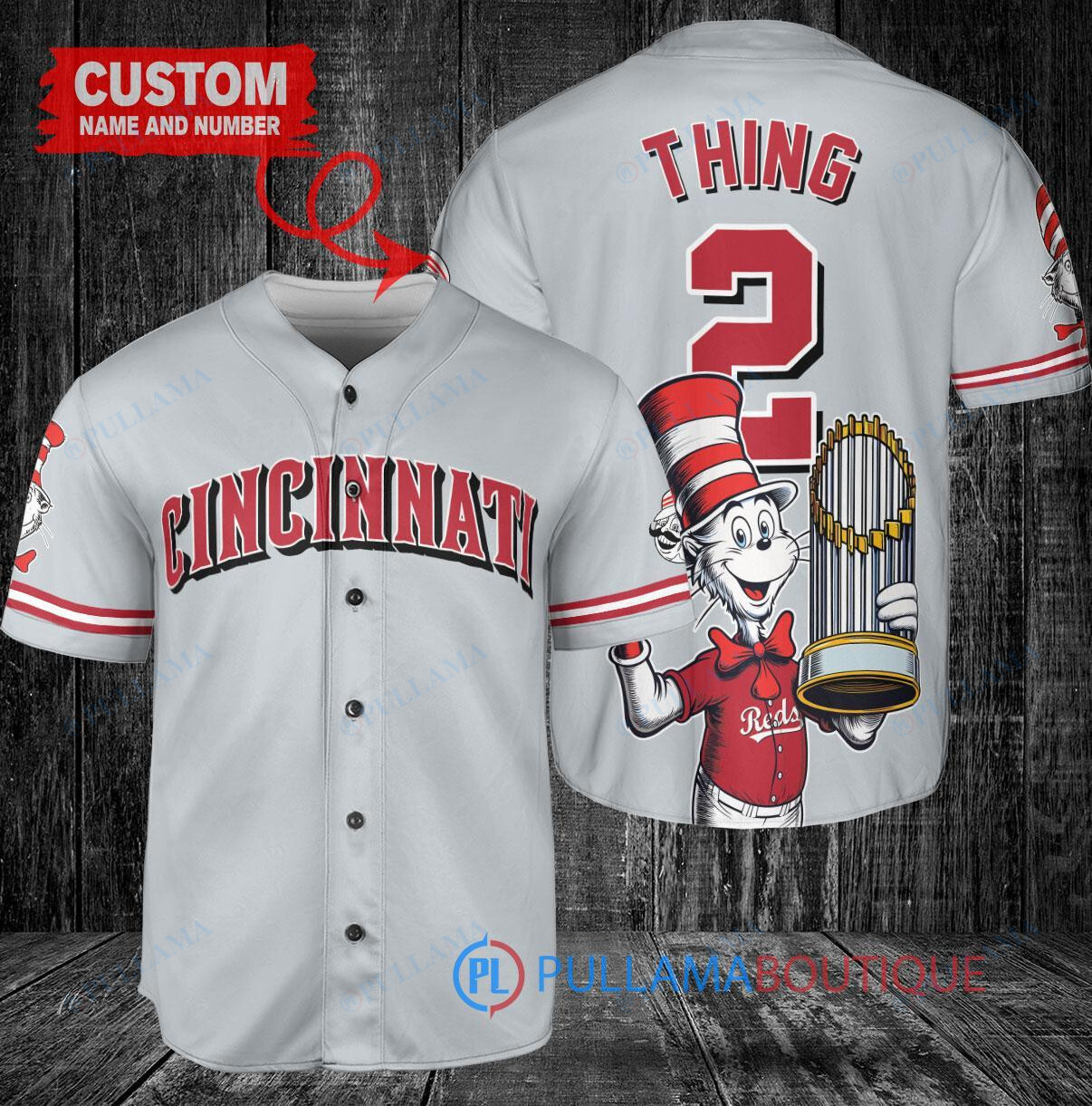 Cincinnati Reds x Dr Seuss with World Series Trophy Custom Baseball Jersey Gray