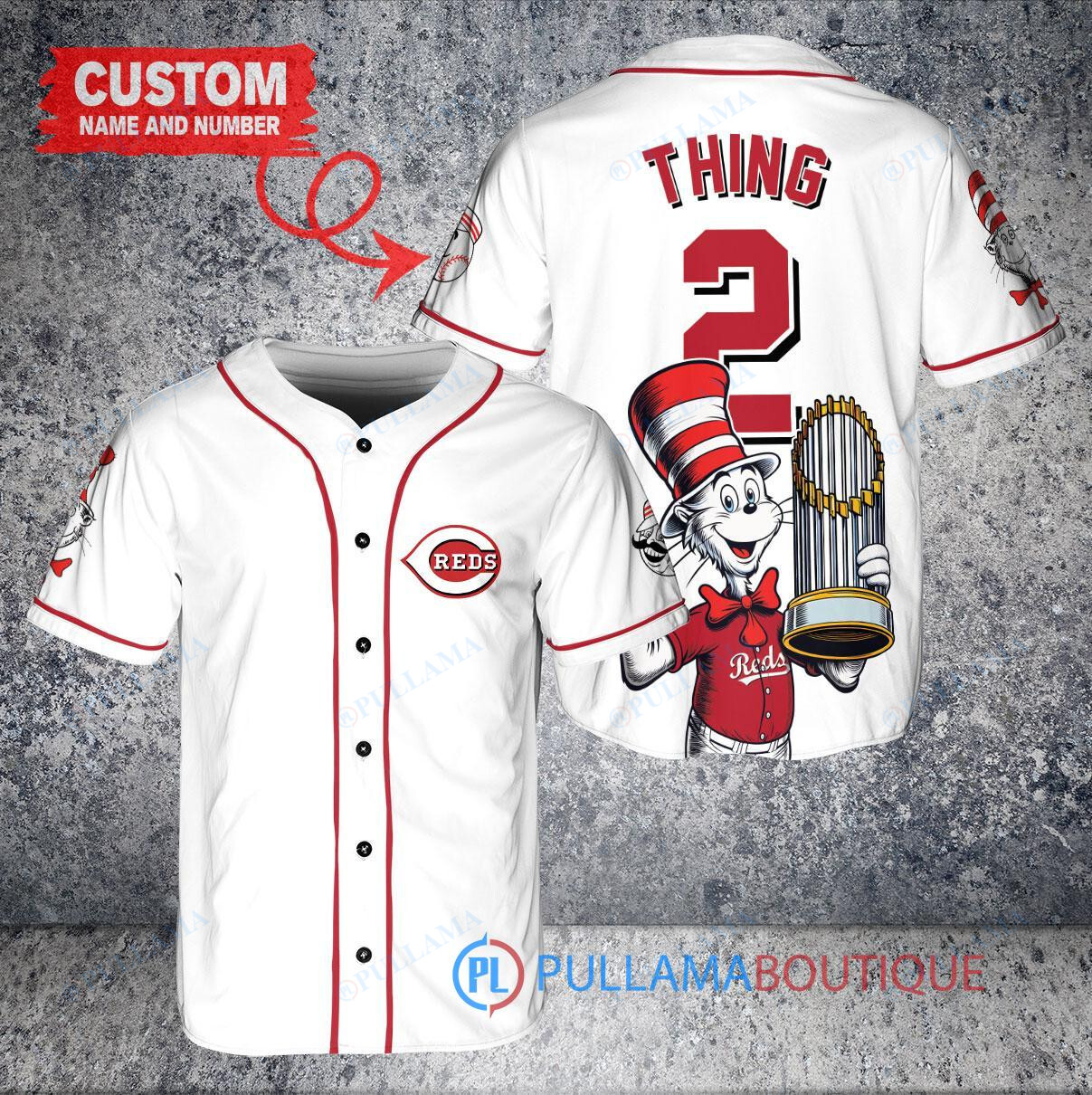 Cincinnati Reds x Dr Seuss with World Series Trophy Custom Baseball Jersey White