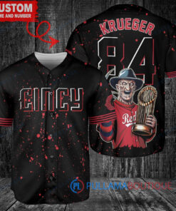 Cincinnati Reds x Freddy Krueger A Nightmare on Elm Street Halloween with World Series Trophy Custom Baseball Jersey Black 2023 City Connect