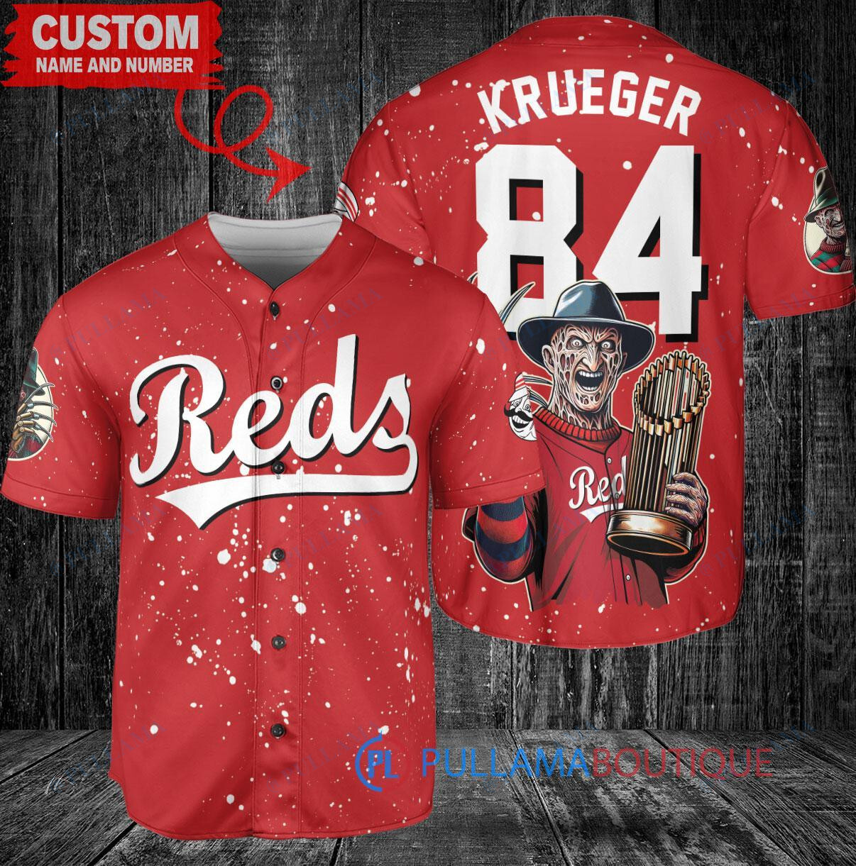 Cincinnati Reds x Freddy Krueger A Nightmare on Elm Street Halloween with World Series Trophy Custom Baseball Jersey Red