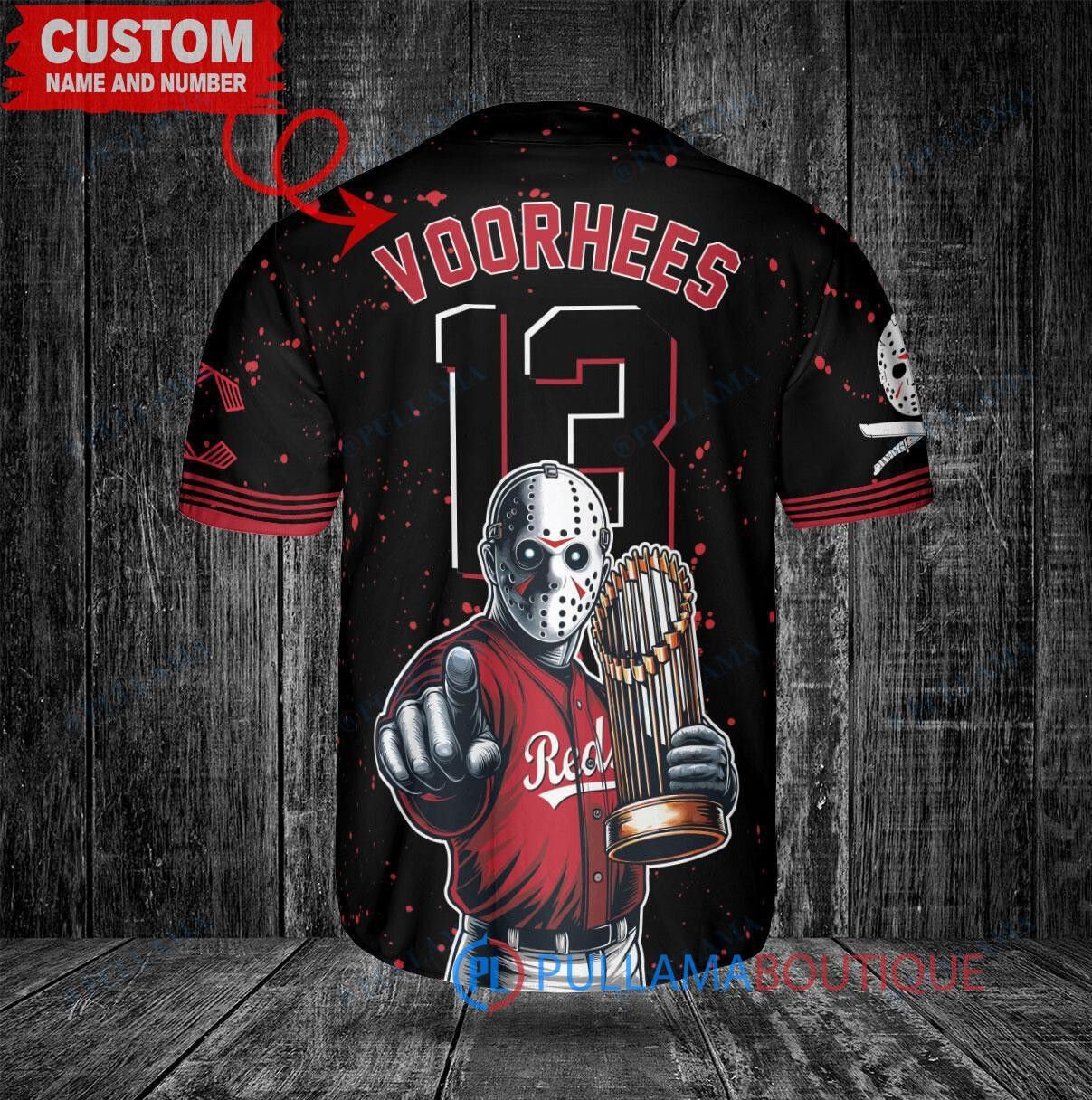 Cincinnati Reds x Friday the 13th Jason Voorhees Halloween with World Series Trophy Custom Baseball Jersey Black 2023 City Connect