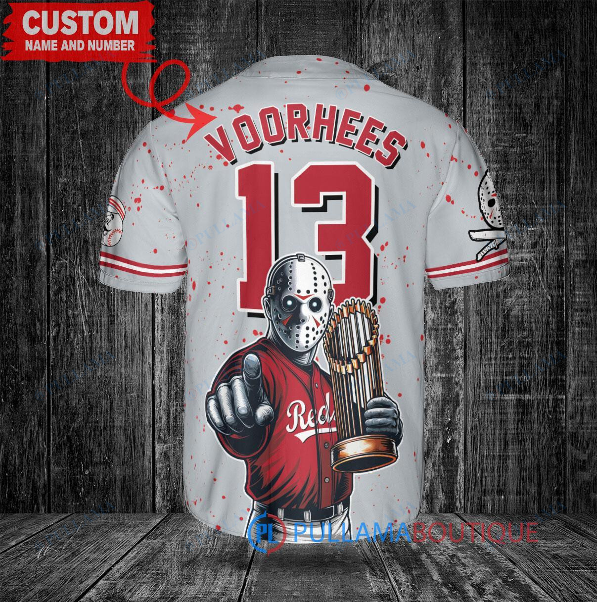 Cincinnati Reds x Friday the 13th Jason Voorhees Halloween with World Series Trophy Custom Baseball Jersey Gray