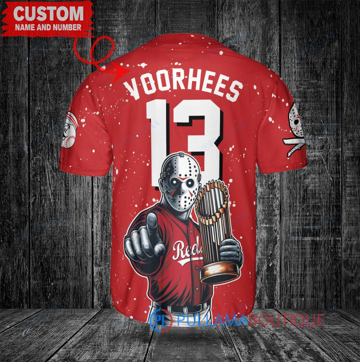 Cincinnati Reds x Friday the 13th Jason Voorhees Halloween with World Series Trophy Custom Baseball Jersey Red