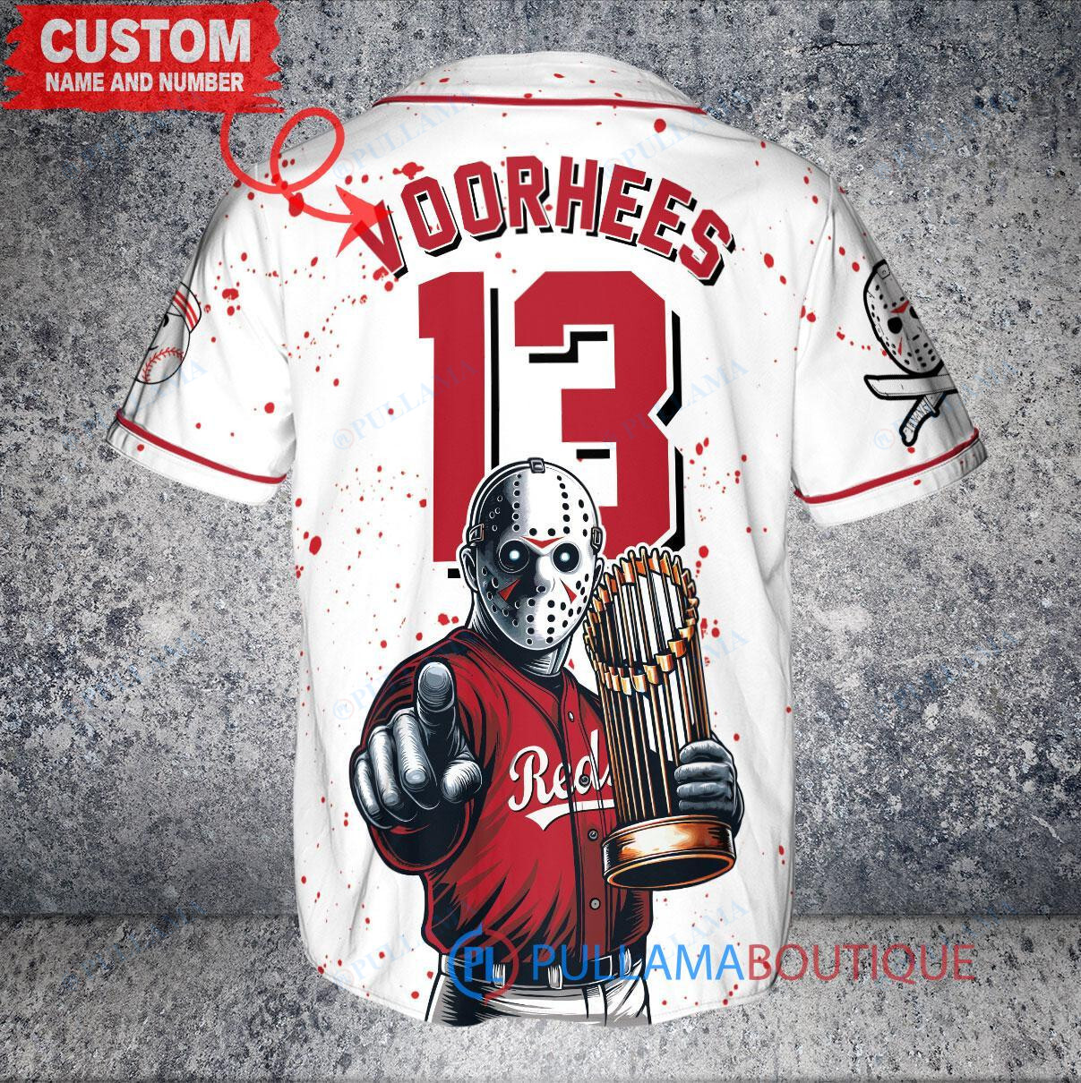 Cincinnati Reds x Friday the 13th Jason Voorhees Halloween with World Series Trophy Custom Baseball Jersey White