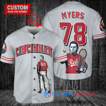 Cincinnati Reds x Halloween Michael Myers with Trophy Custom Baseball Jersey Gray