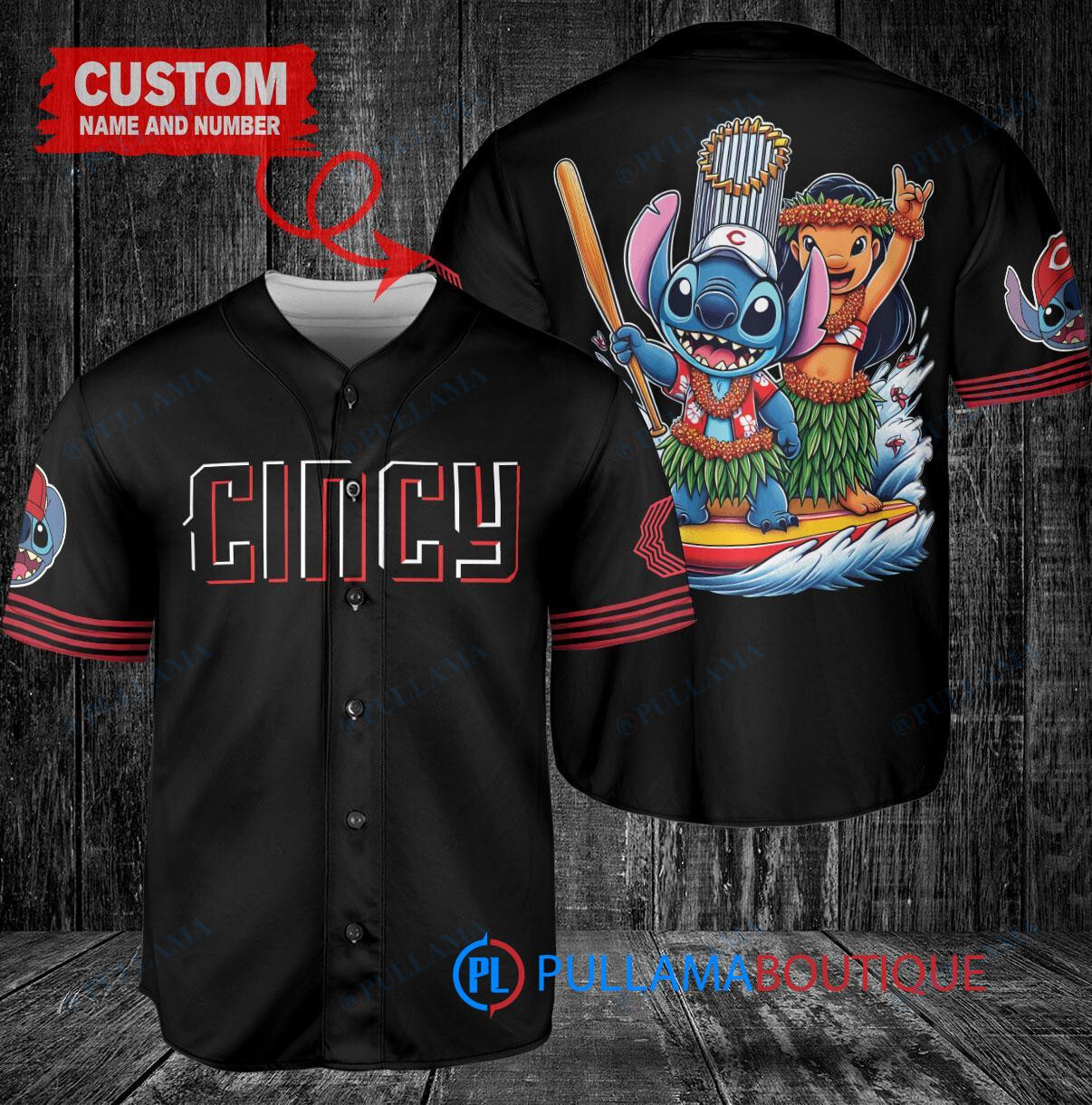Cincinnati Reds x Lilo & Stitch with Trophy Baseball Jersey Black 2023 City Connect