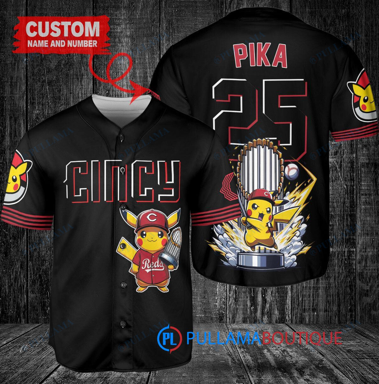 Cincinnati Reds x Pikachu Pokemon with Trophy Custom Baseball Jersey Black 2023 City Connect