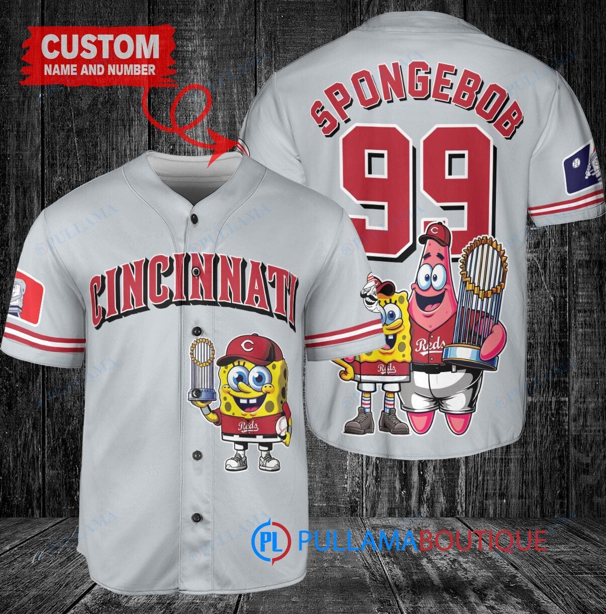 Cincinnati Reds x SpongeBob SquarePants with Trophy Custom Baseball Jersey Gray