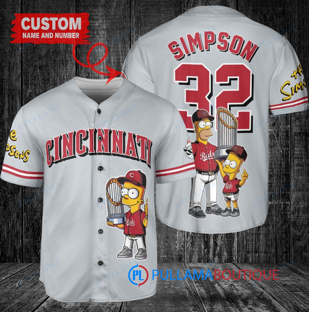 Cincinnati Reds x The Simpsons Bart Simpson, Homer Simpson, Lisa Simpson with Trophy Custom Baseball Jersey Gray