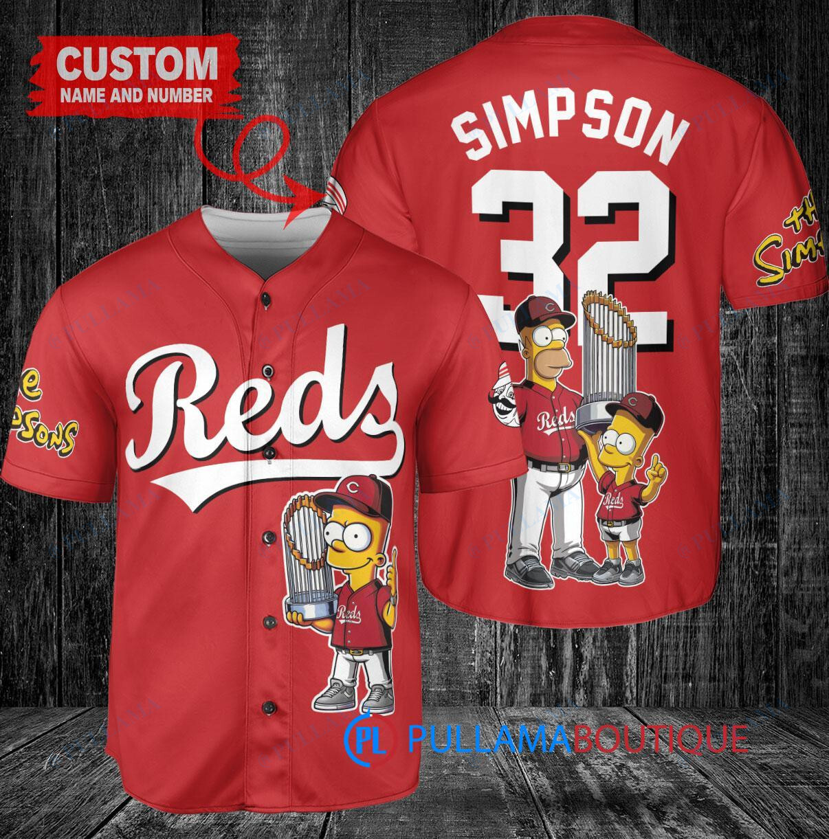 Cincinnati Reds x The Simpsons Bart Simpson, Homer Simpson, Lisa Simpson with Trophy Custom Baseball Jersey Red
