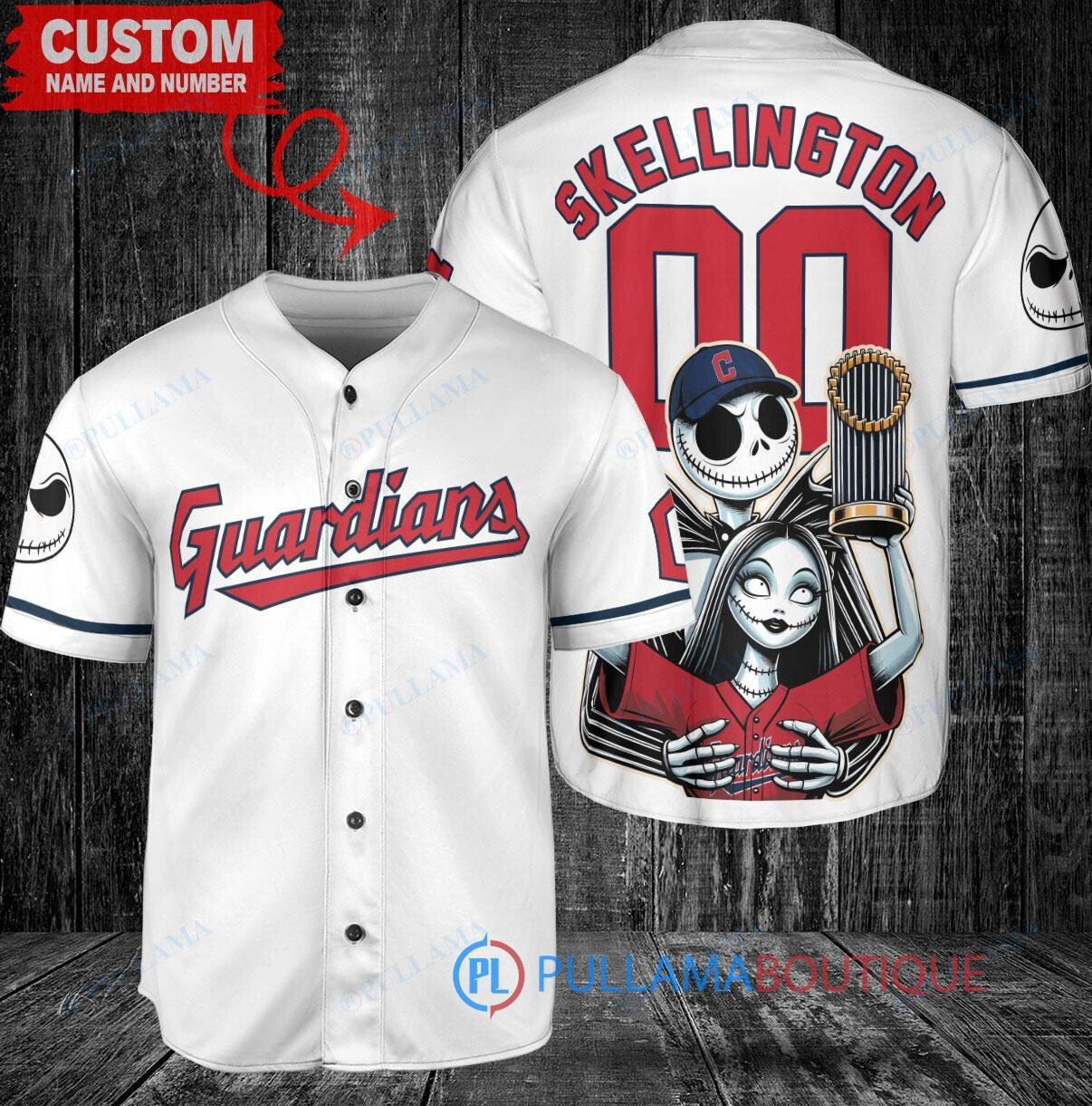 Cleveland Guardians Jack Skellington Sally World Series Trophy Baseball Jersey White