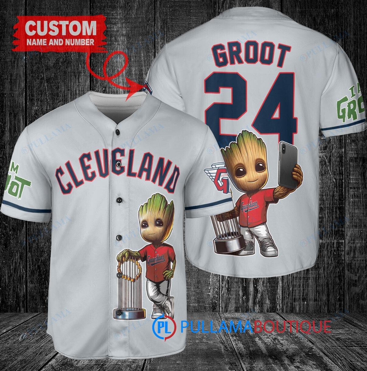 Cleveland Guardians x Baby Groot Marvel Guardians Of The Galaxy with Trophy Custom Baseball Jersey Gray