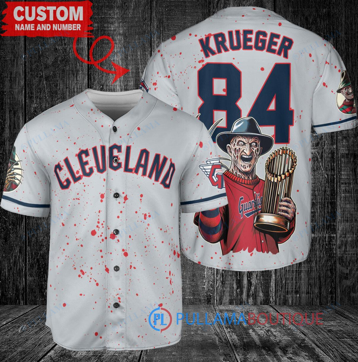 Cleveland Guardians x Freddy Krueger A Nightmare on Elm Street Halloween with World Series Trophy Custom Baseball Jersey Gray