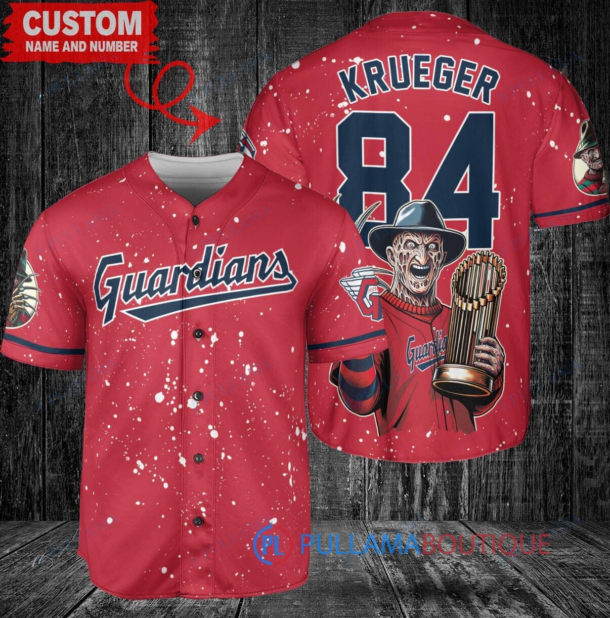 Cleveland Guardians x Freddy Krueger A Nightmare on Elm Street Halloween with World Series Trophy Custom Baseball Jersey Red