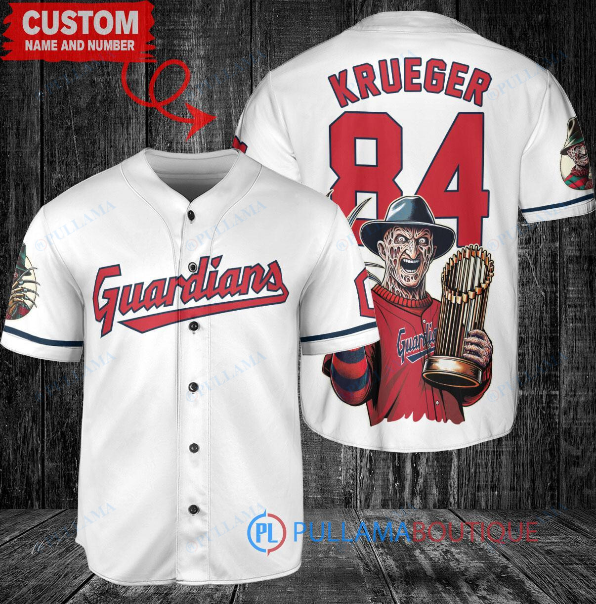 Cleveland Guardians x Freddy Krueger A Nightmare on Elm Street Halloween with World Series Trophy Custom Baseball Jersey White