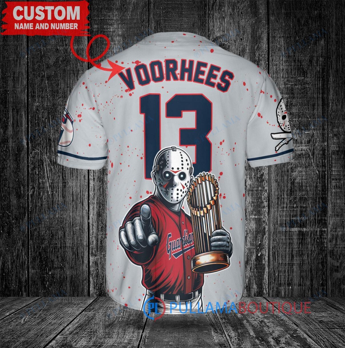 Cleveland Guardians x Friday the 13th Jason Voorhees Halloween with World Series Trophy Custom Baseball Jersey Gray