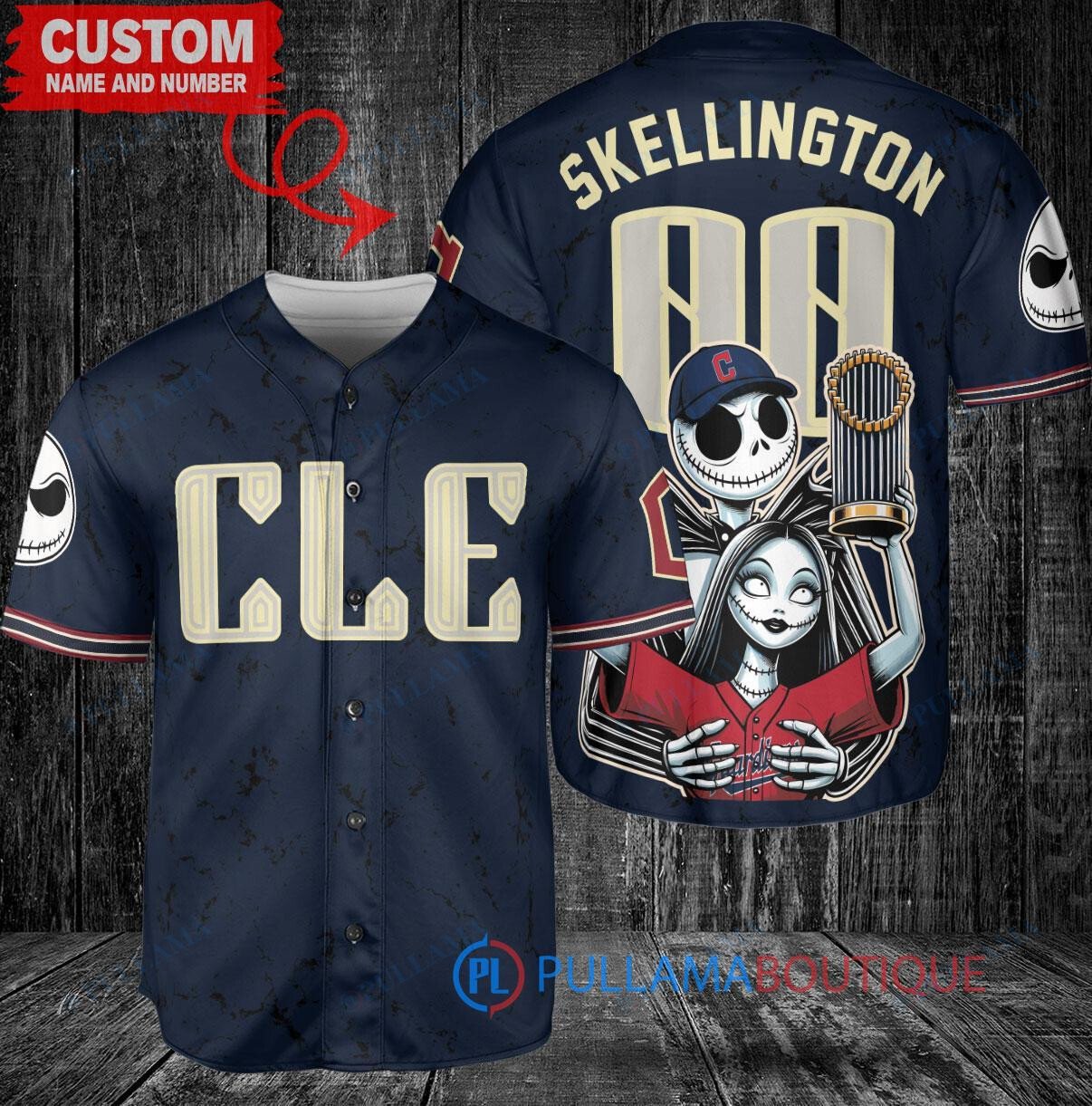 Cleveland Guardians x Jack Skellington and Sally The Nightmare Before Christmas with World Series Trophy Custom Baseball Jersey Navy City Connect