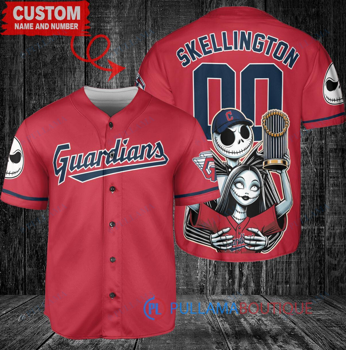 Cleveland Guardians x Jack Skellington and Sally The Nightmare Before Christmas with World Series Trophy Custom Baseball Jersey Red
