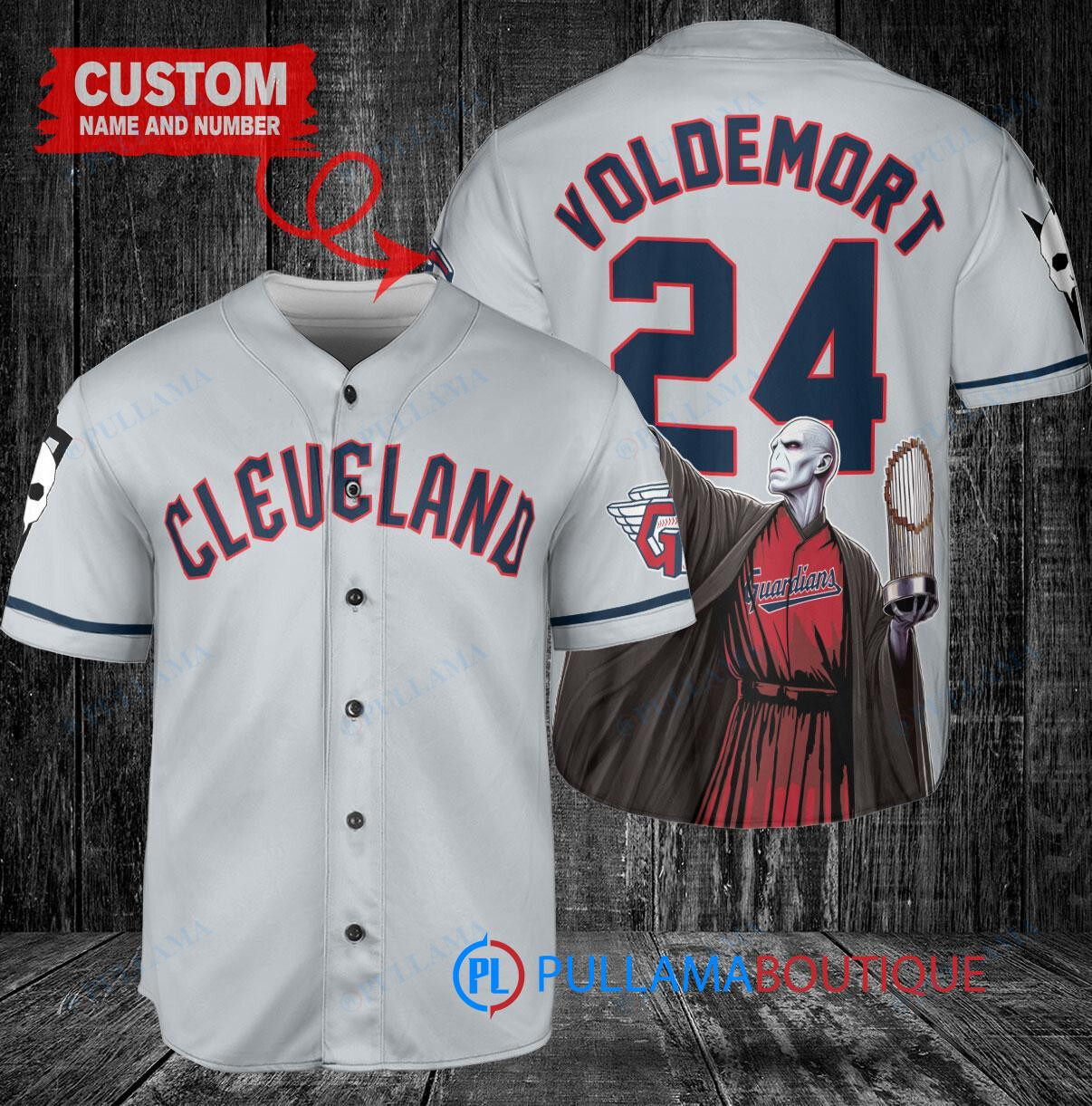 Cleveland Guardians x Lord Voldemort Harry Potter with Trophy Custom Baseball Jersey Gray