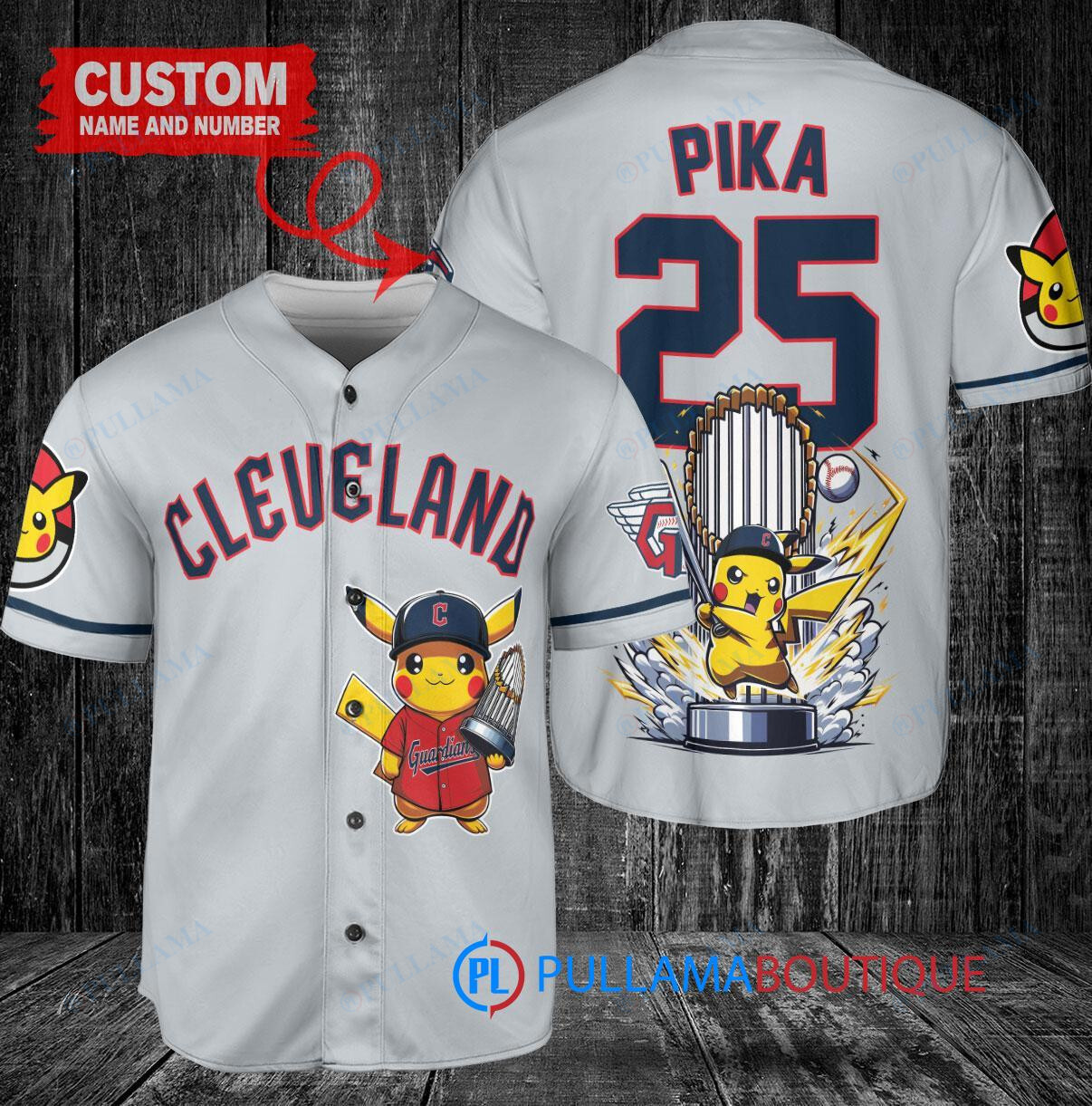 Cleveland Guardians x Pikachu Pokemon with Trophy Custom Baseball Jersey Gray