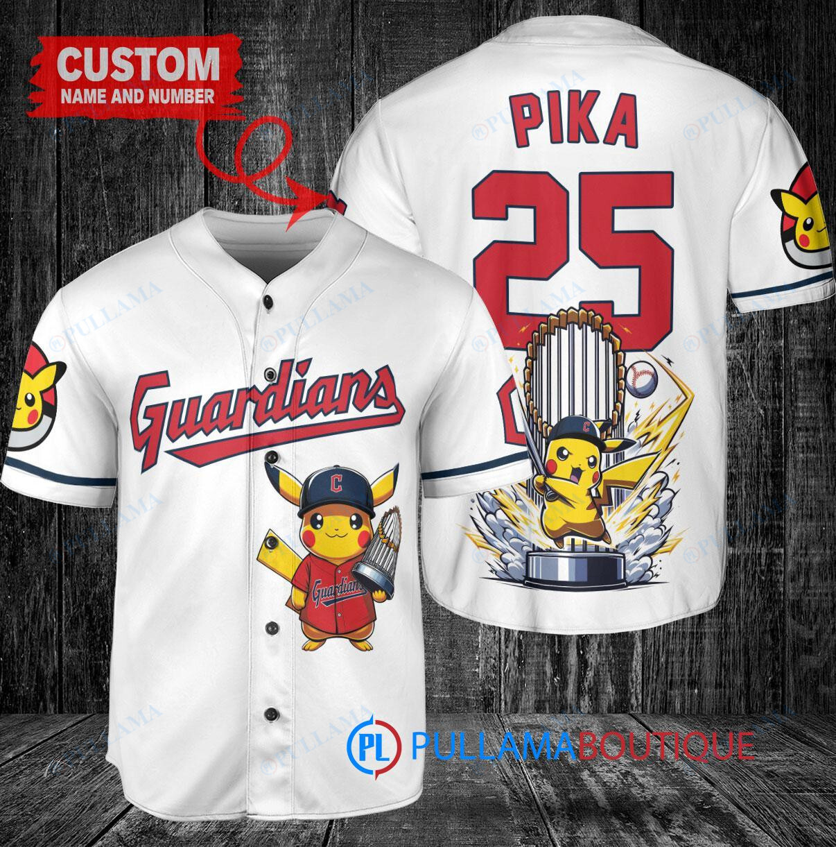 Cleveland Guardians x Pikachu Pokemon with Trophy Custom Baseball Jersey White
