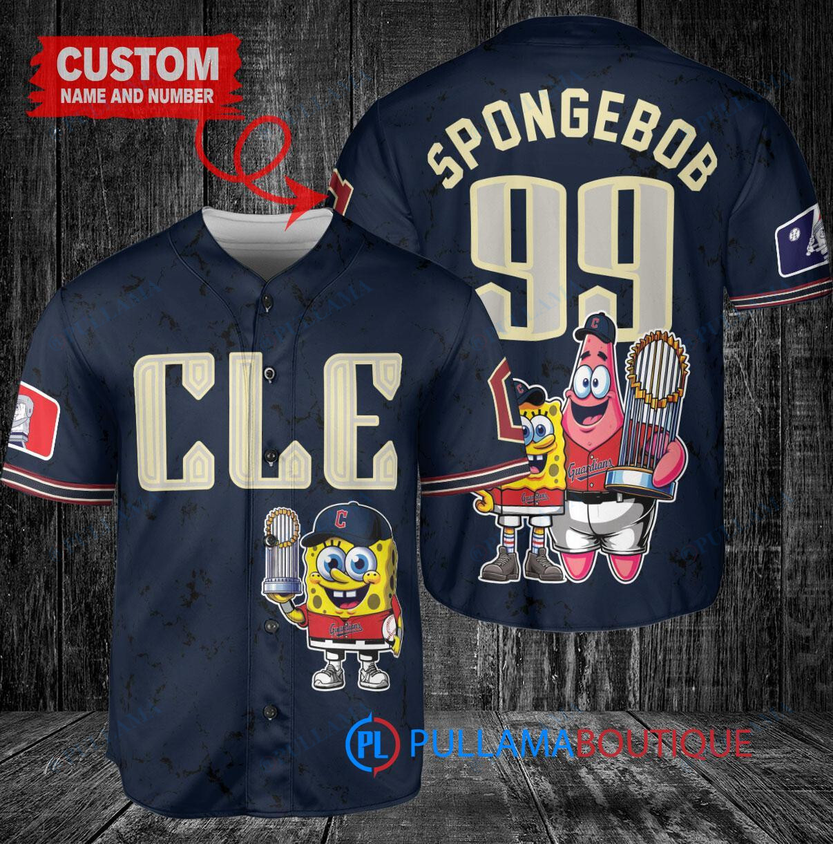 Cleveland Guardians x SpongeBob SquarePants with Trophy Custom Baseball Jersey Navy City Connect
