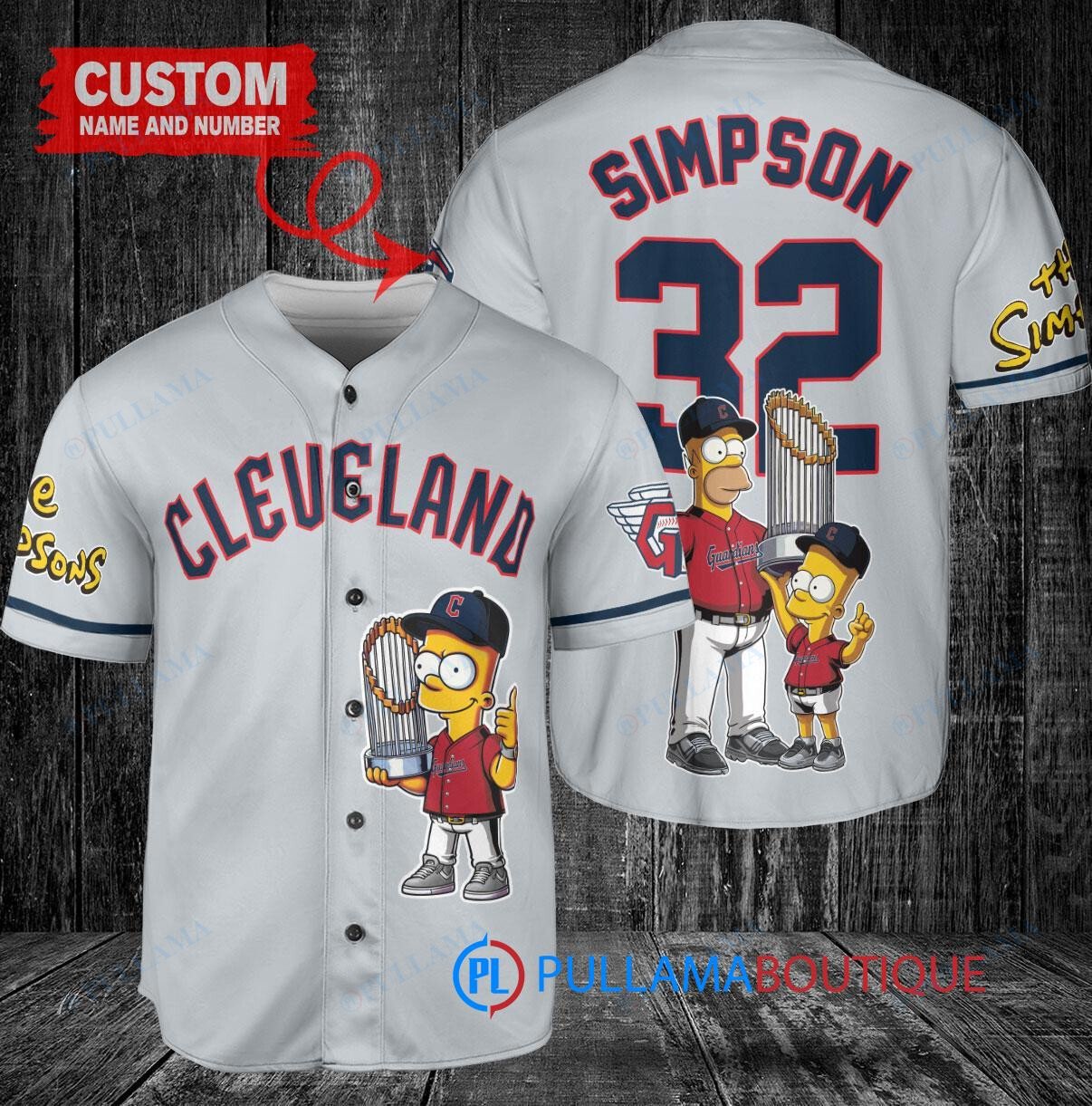 Cleveland Guardians x The Simpsons Bart Simpson, Homer Simpson, Lisa Simpson with Trophy Custom Baseball Jersey Gray