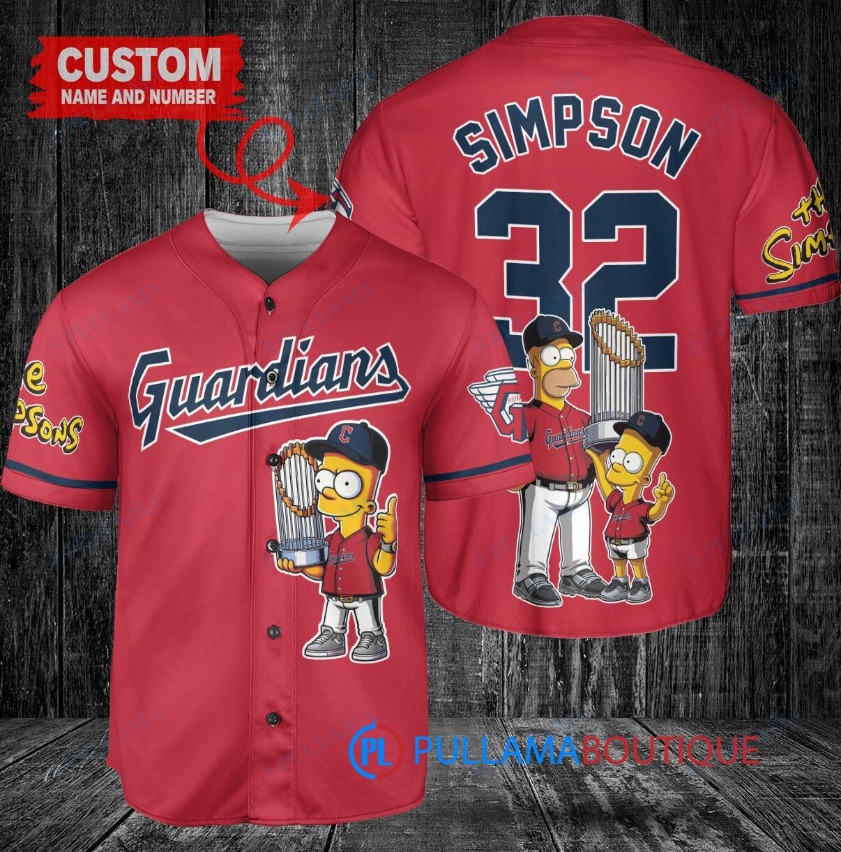 Cleveland Guardians x The Simpsons Bart Simpson, Homer Simpson, Lisa Simpson with Trophy Custom Baseball Jersey Red