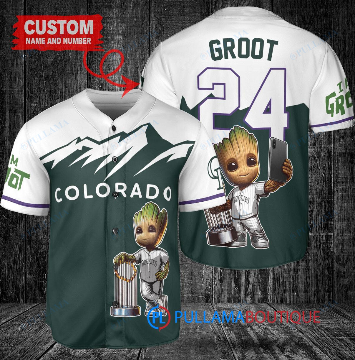 Colorado Rockies x Baby Groot Marvel Guardians Of The Galaxy with Trophy Custom Baseball Jersey Green