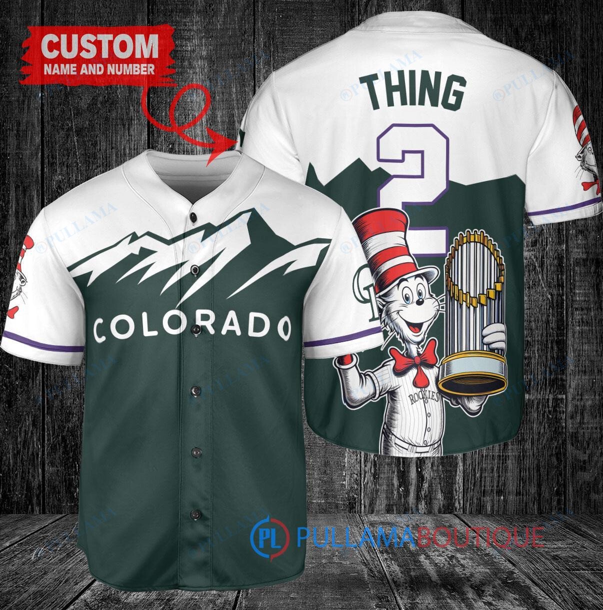 Colorado Rockies x Dr Seuss with World Series Trophy Custom Baseball Jersey Green