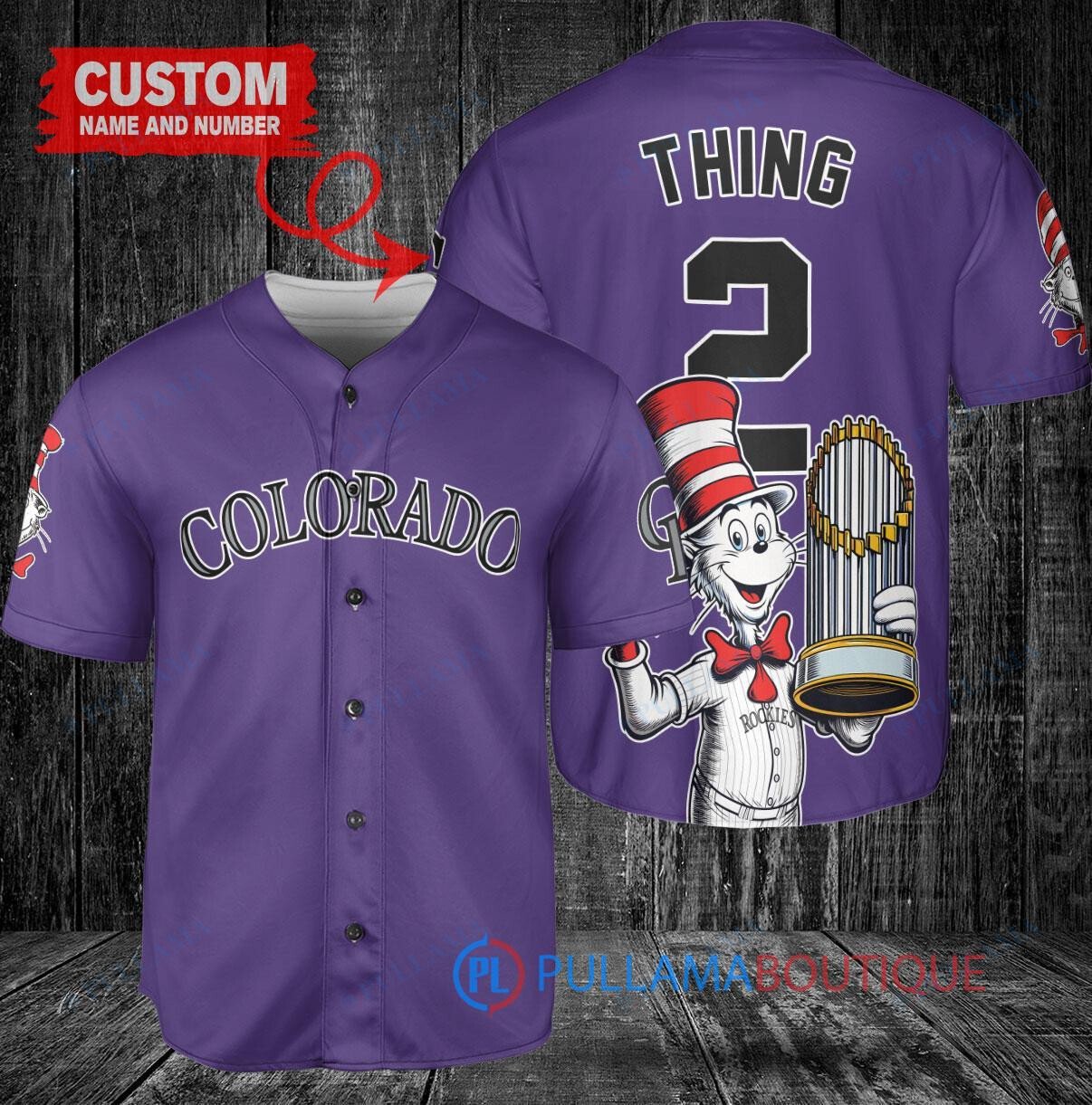 Colorado Rockies x Dr Seuss with World Series Trophy Custom Baseball Jersey Purple