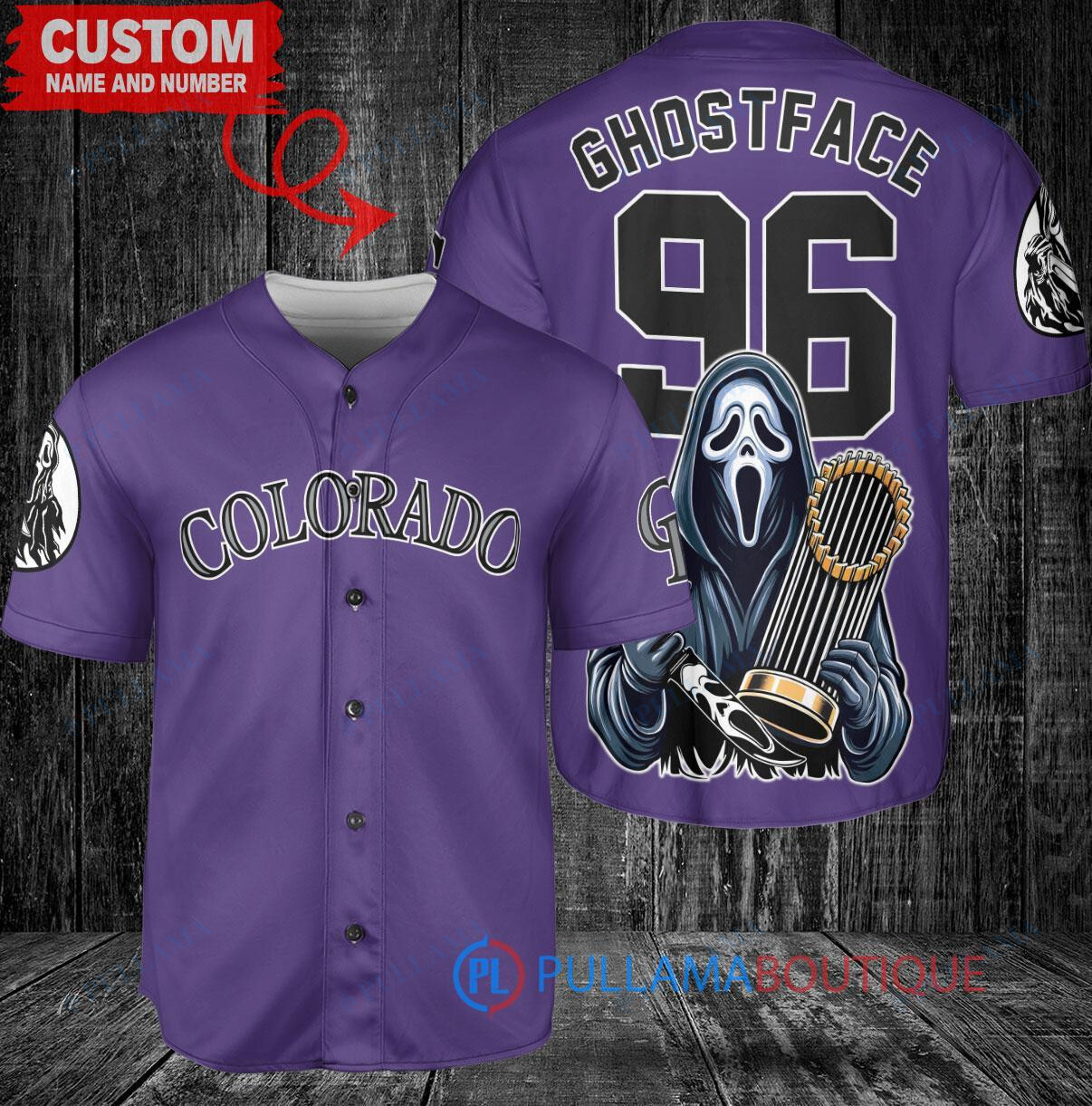Colorado Rockies x Ghostface Scream Halloween Halloween with World Series Trophy Custom Baseball Jersey Purple