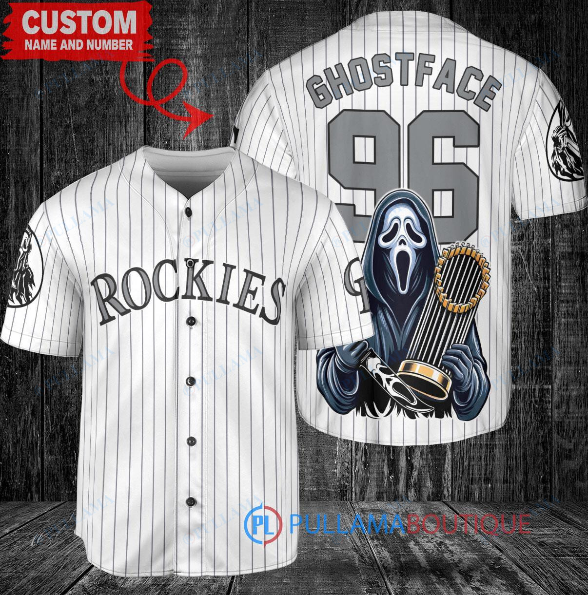 Colorado Rockies x Ghostface Scream Halloween Halloween with World Series Trophy Custom Baseball Jersey White