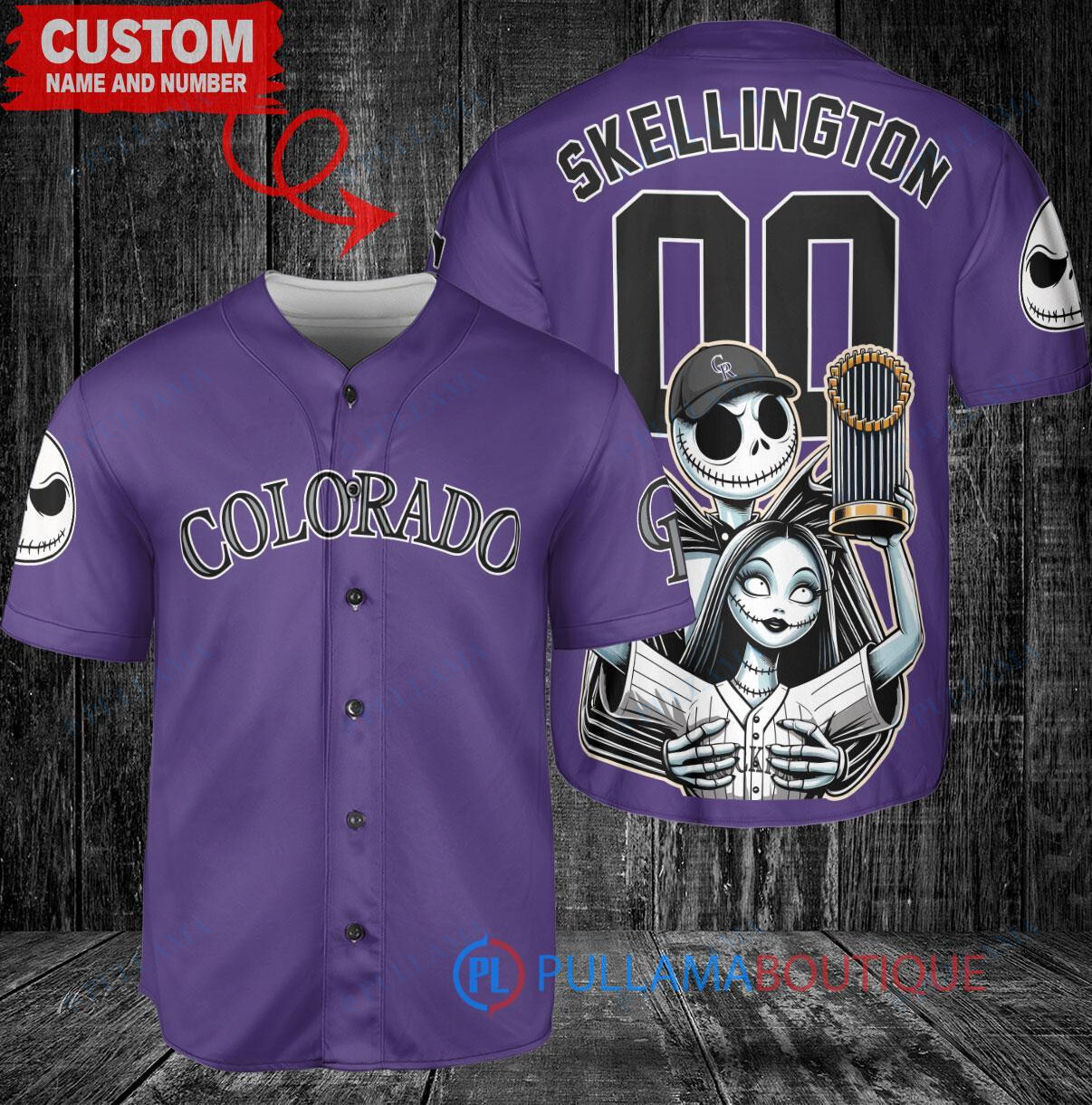 Colorado Rockies x Jack Skellington and Sally The Nightmare Before Christmas with World Series Trophy Custom Baseball Jersey Purple