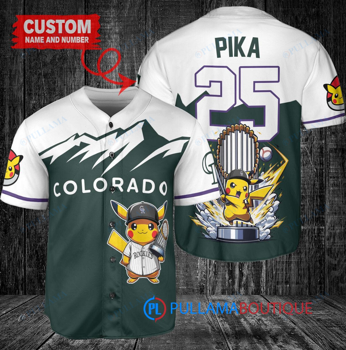 Colorado Rockies x Pikachu Pokemon with Trophy Custom Baseball Jersey Green