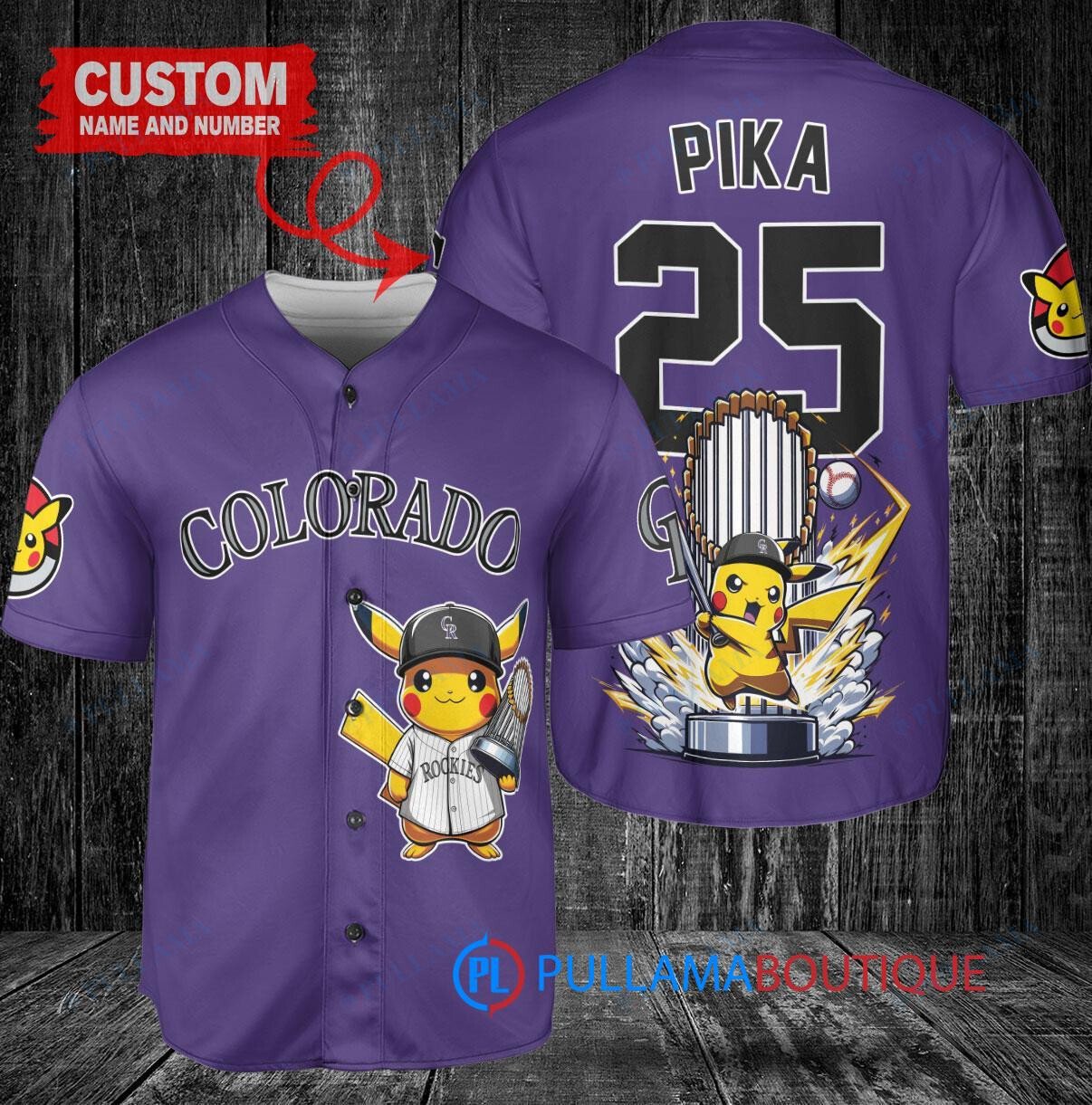 Colorado Rockies x Pikachu Pokemon with Trophy Custom Baseball Jersey Purple
