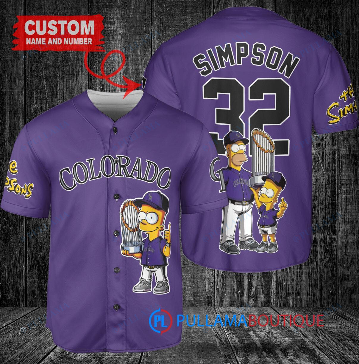 Colorado Rockies x The Simpsons Bart Simpson, Homer Simpson, Lisa Simpson with Trophy Custom Baseball Jersey Purple