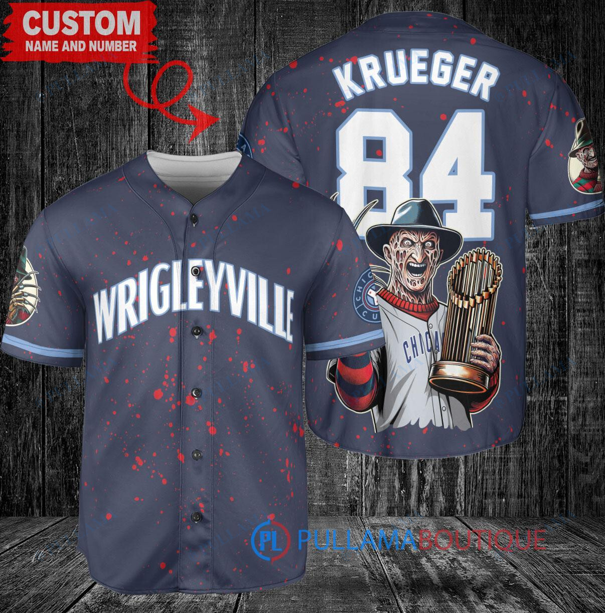 Cubs x Freddy Krueger Halloween World Series Trophy Custom Jersey - Navy