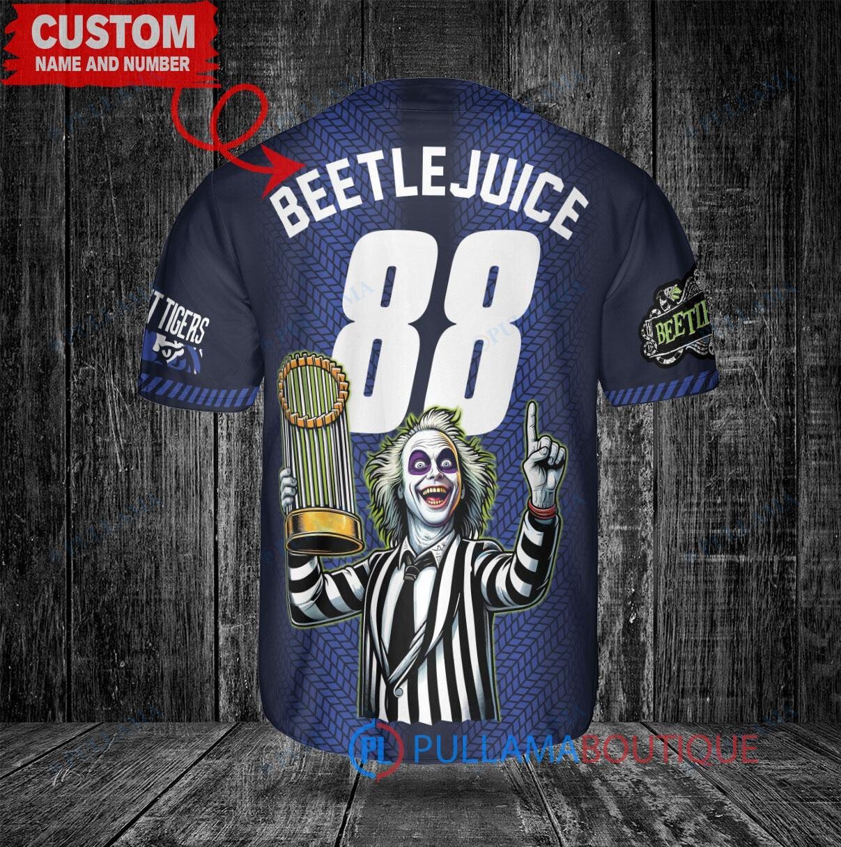 Detroit Tigers Beetlejuice Halloween World Series Trophy Baseball Jersey Navy V2