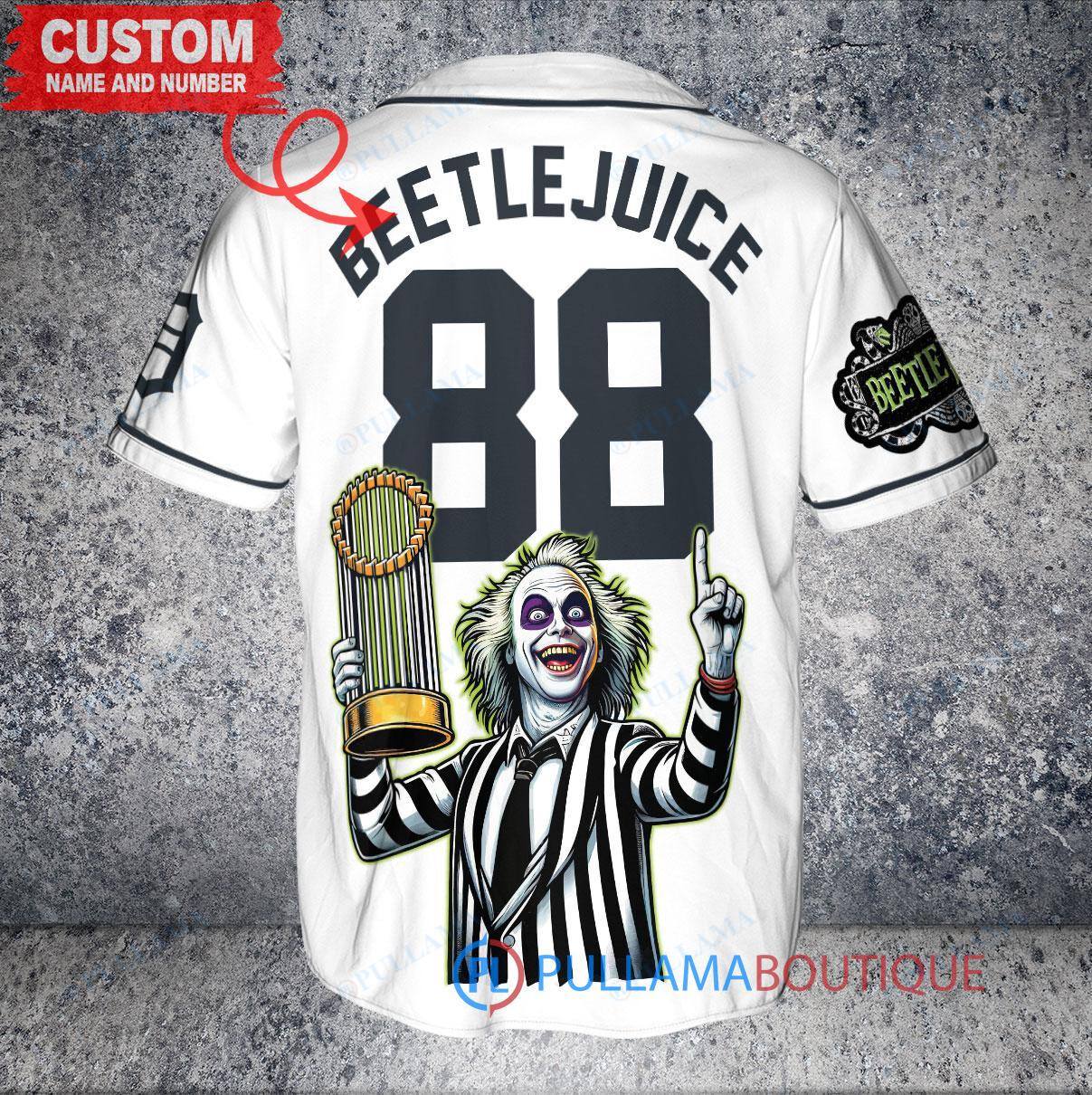 Detroit Tigers Beetlejuice Halloween World Series Trophy Baseball Jersey White