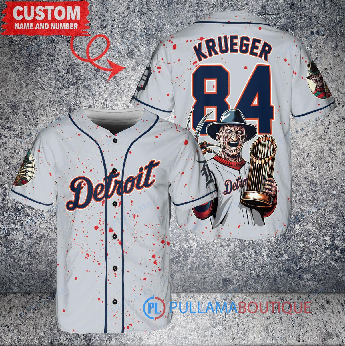 Detroit Tigers Freddy Krueger Halloween World Series Trophy Baseball Jersey Gray