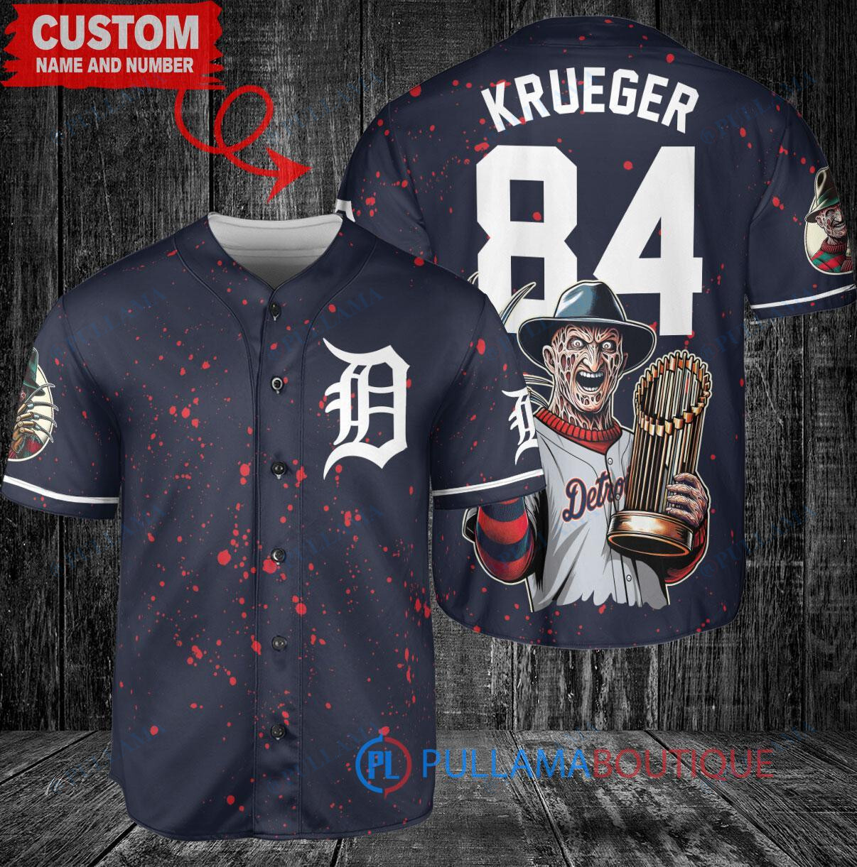Detroit Tigers Freddy Krueger Halloween World Series Trophy Baseball Jersey Navy
