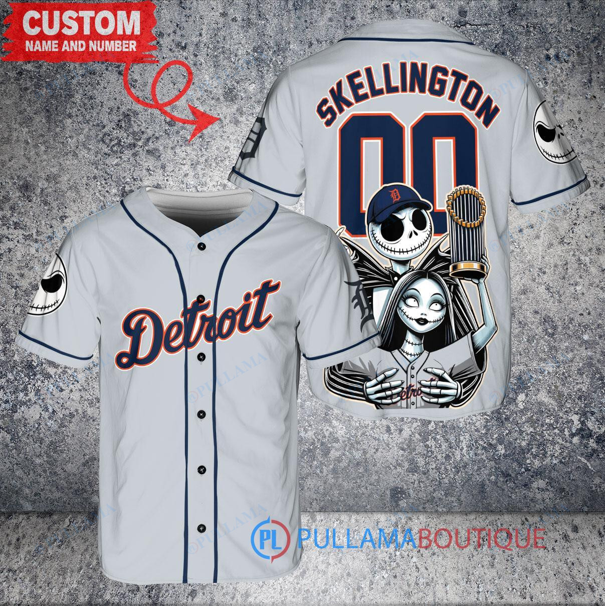 Detroit Tigers Jack Skellington Sally World Series Trophy Baseball Jersey Gray