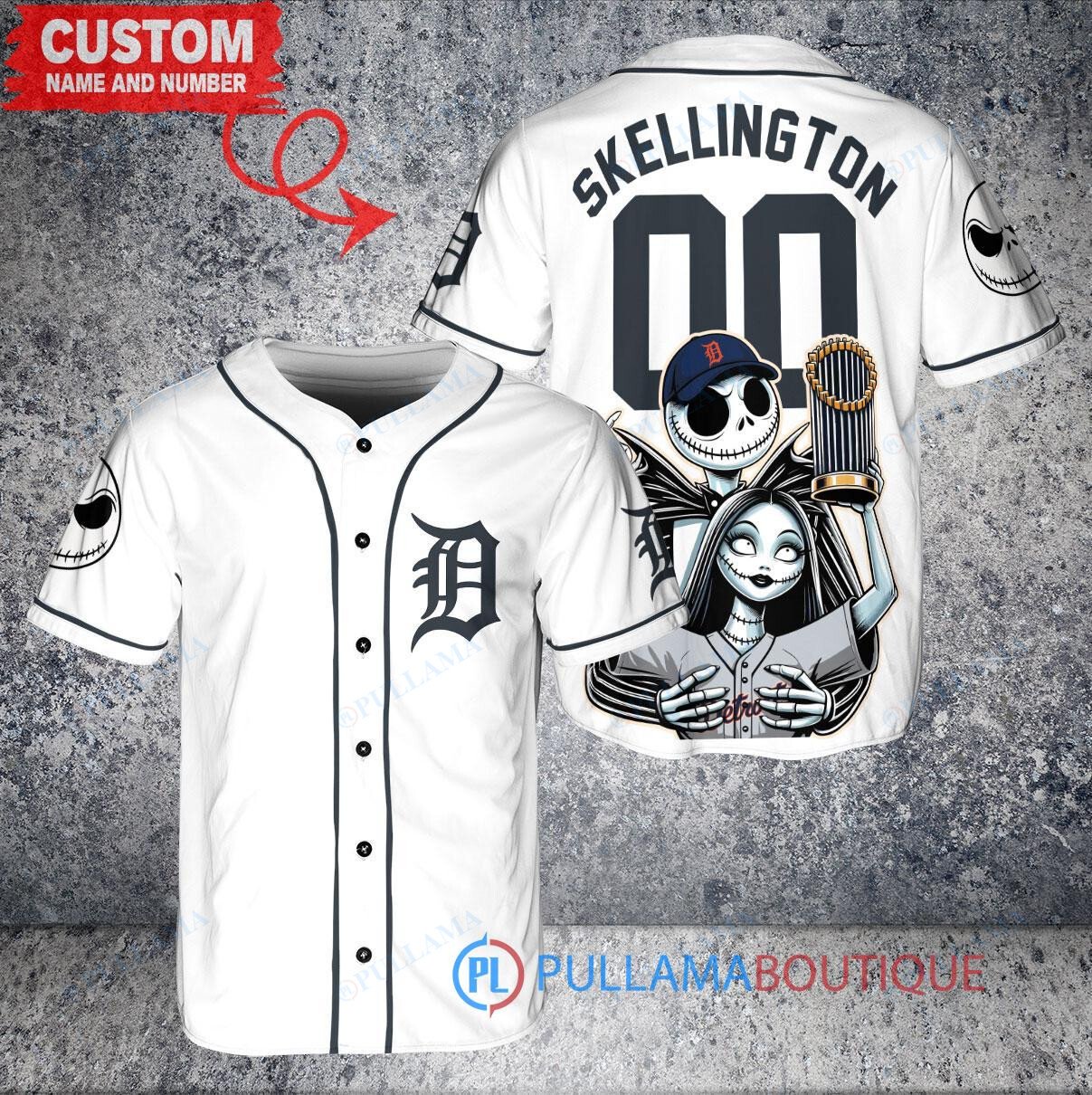 Detroit Tigers Jack Skellington Sally World Series Trophy Baseball Jersey White