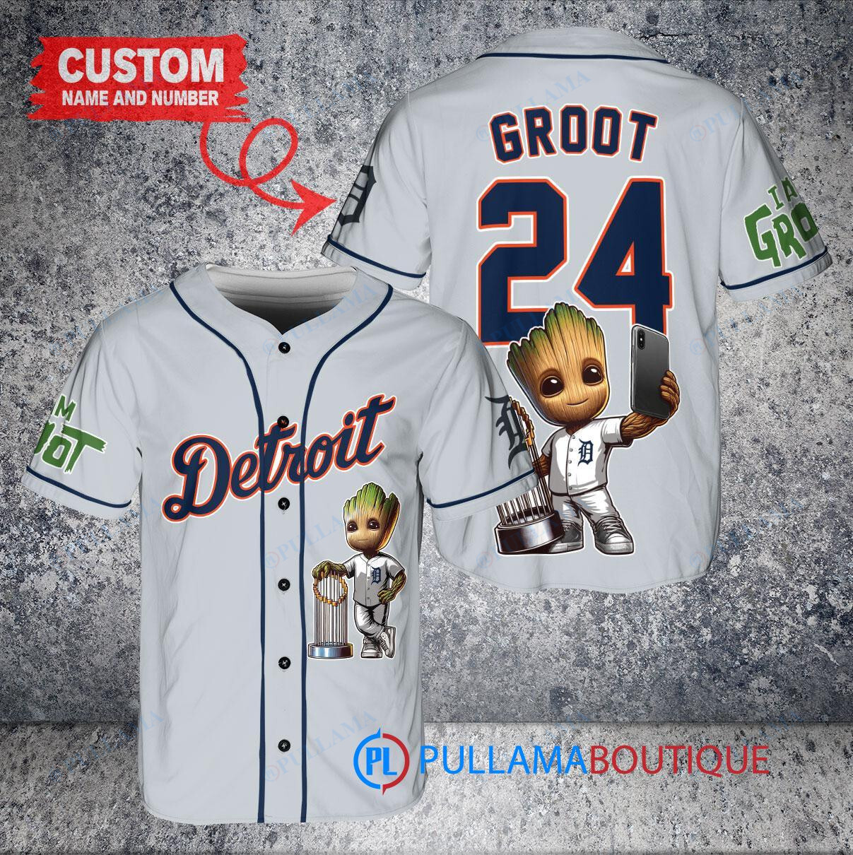 Detroit Tigers x Baby Groot Marvel Guardians Of The Galaxy with Trophy Custom Baseball Jersey Gray