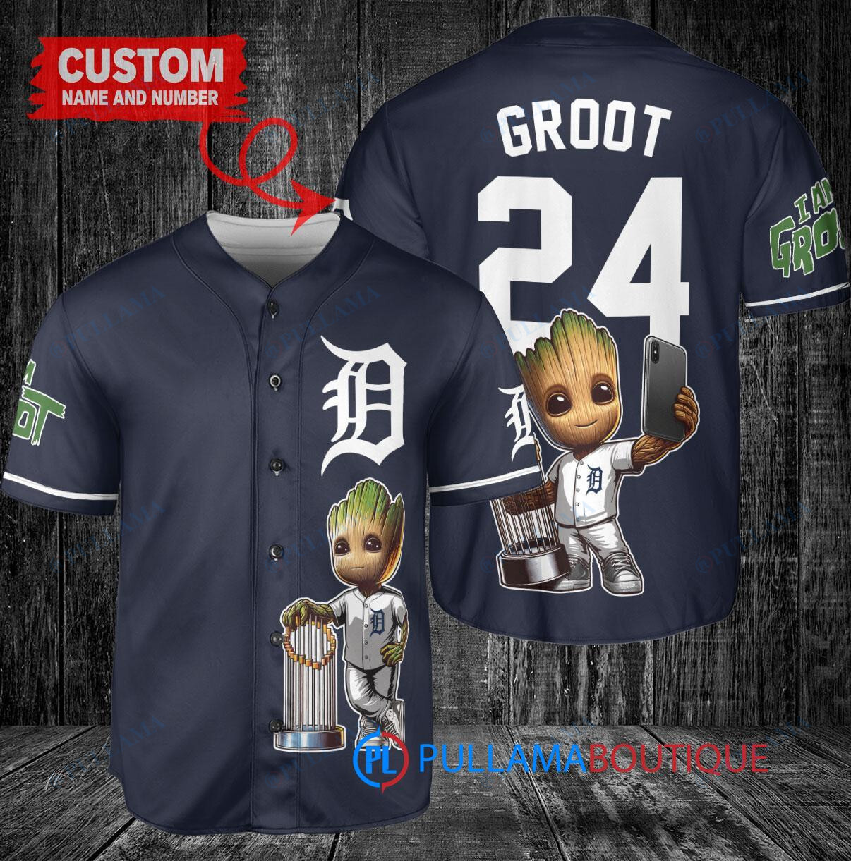Detroit Tigers x Baby Groot Marvel Guardians Of The Galaxy with Trophy Custom Baseball Jersey Navy