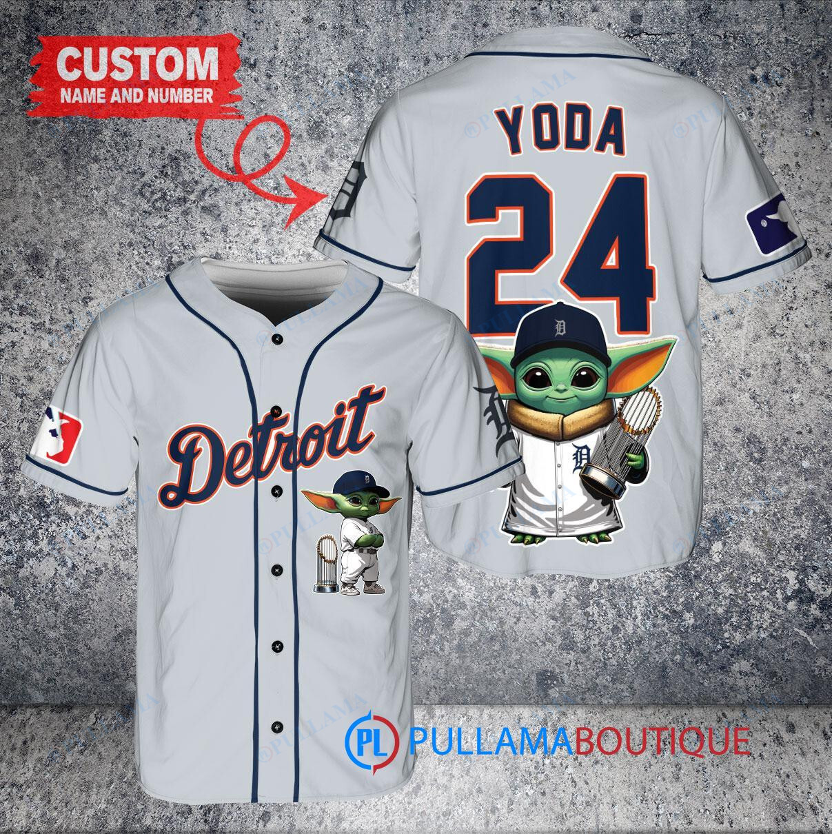 Detroit Tigers x Baby Yoda Star Wars The Mandalorian with Trophy Custom Baseball Jersey Gray