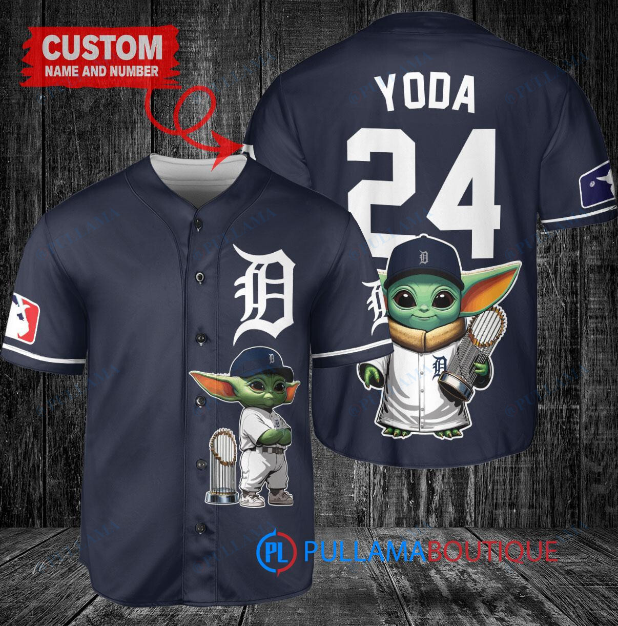 Detroit Tigers x Baby Yoda Star Wars The Mandalorian with Trophy Custom Baseball Jersey Navy