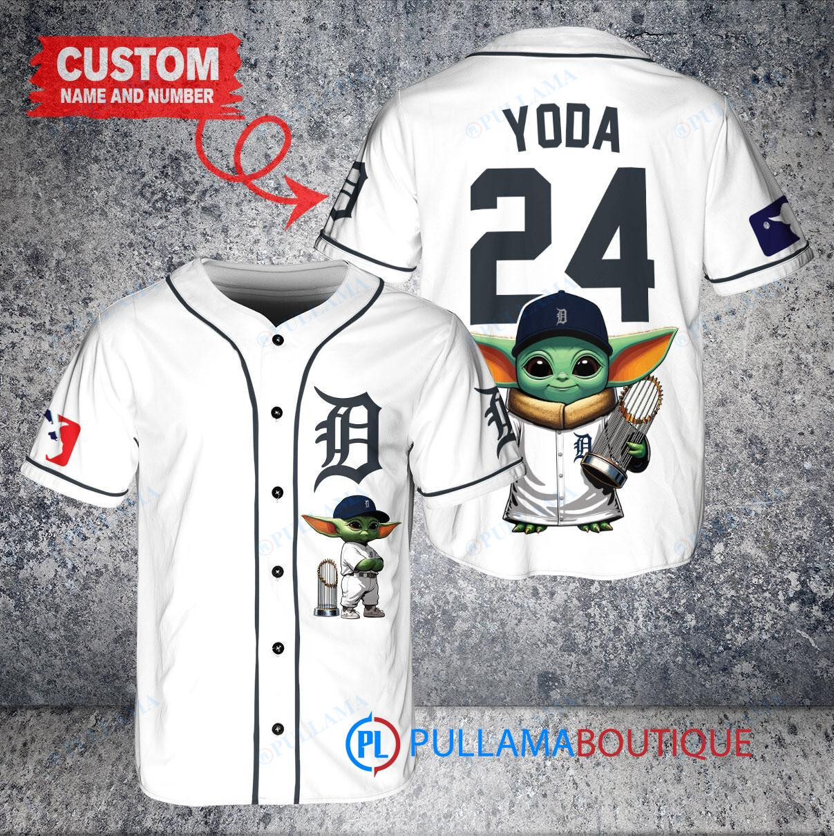 Detroit Tigers x Baby Yoda Star Wars The Mandalorian with Trophy Custom Baseball Jersey White
