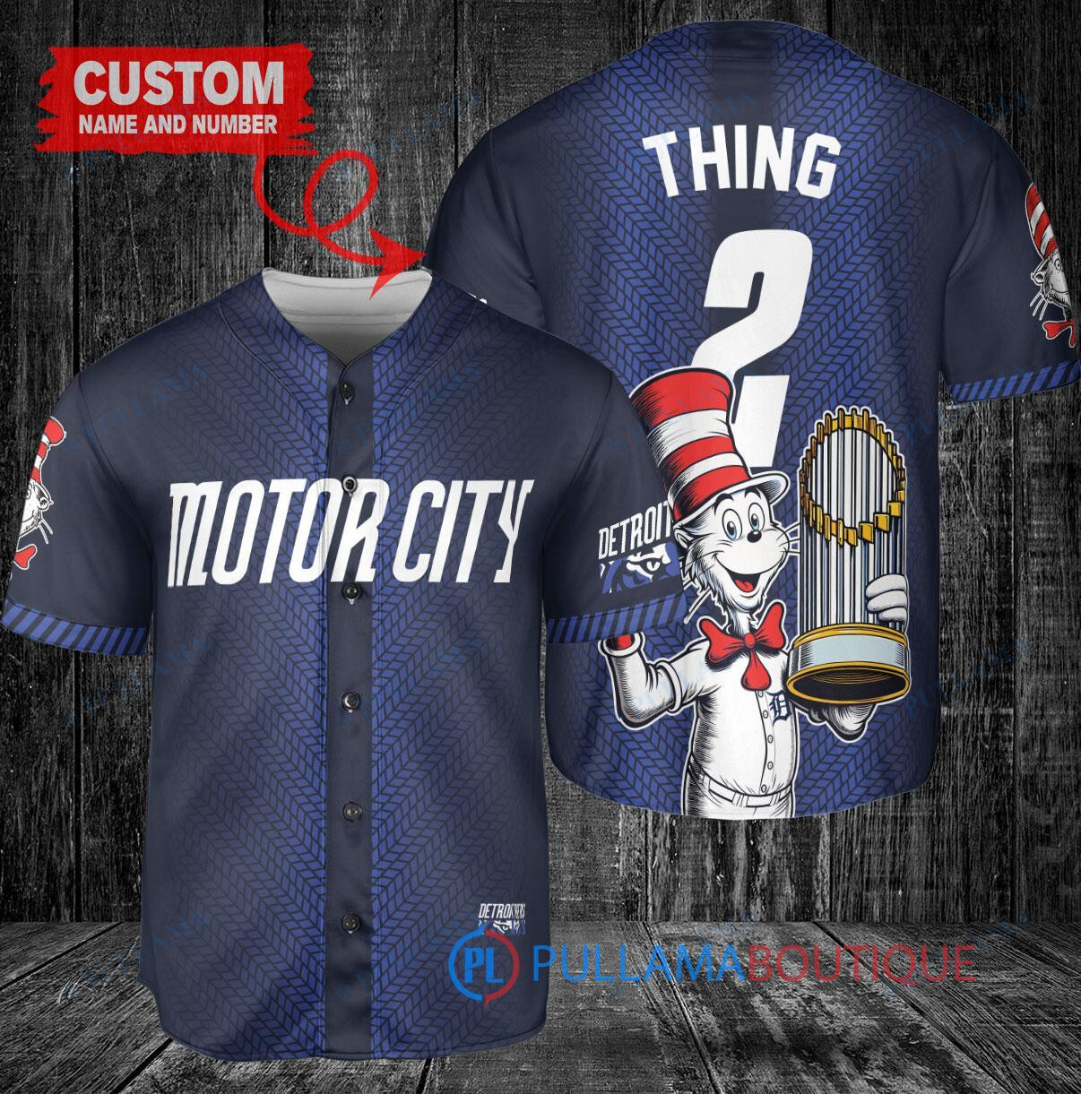 Detroit Tigers x Dr Seuss with World Series Trophy Custom Baseball Jersey Navy City Connect